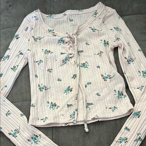 So Juniors Floral Lace-Up Top - Cream and Blue